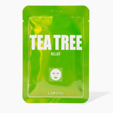 Green tea tree relief mask packaging with 'LAPCOS' branding on a white background