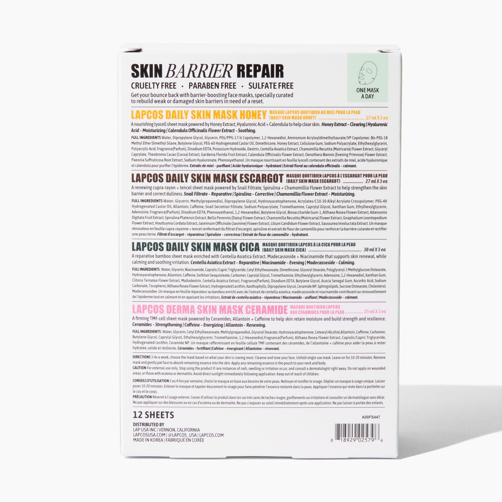 Box of Lapcos daily skin masks with product descriptions on a white background