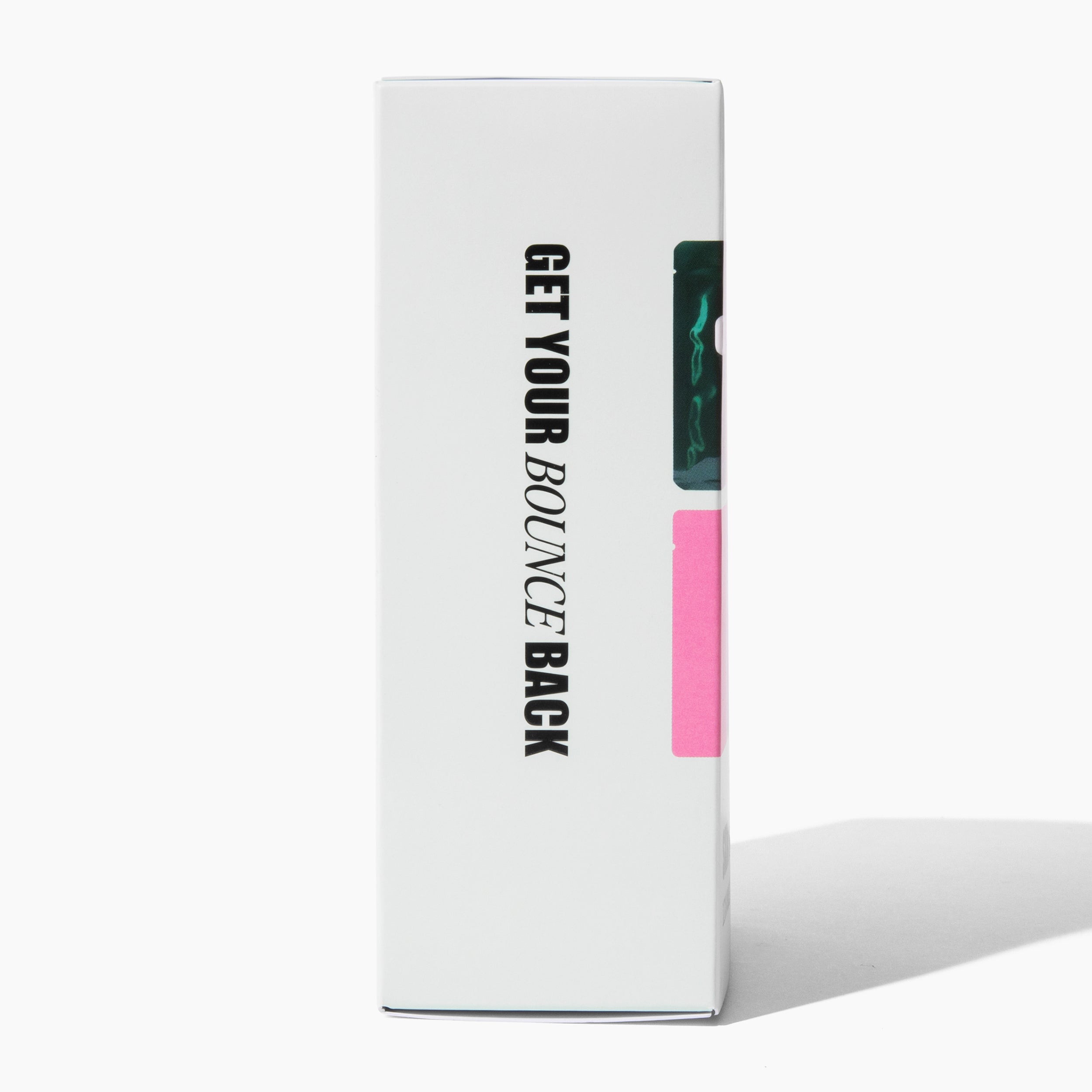 Product packaging with text 'GET YOUR BOUNCE BACK' on a white background