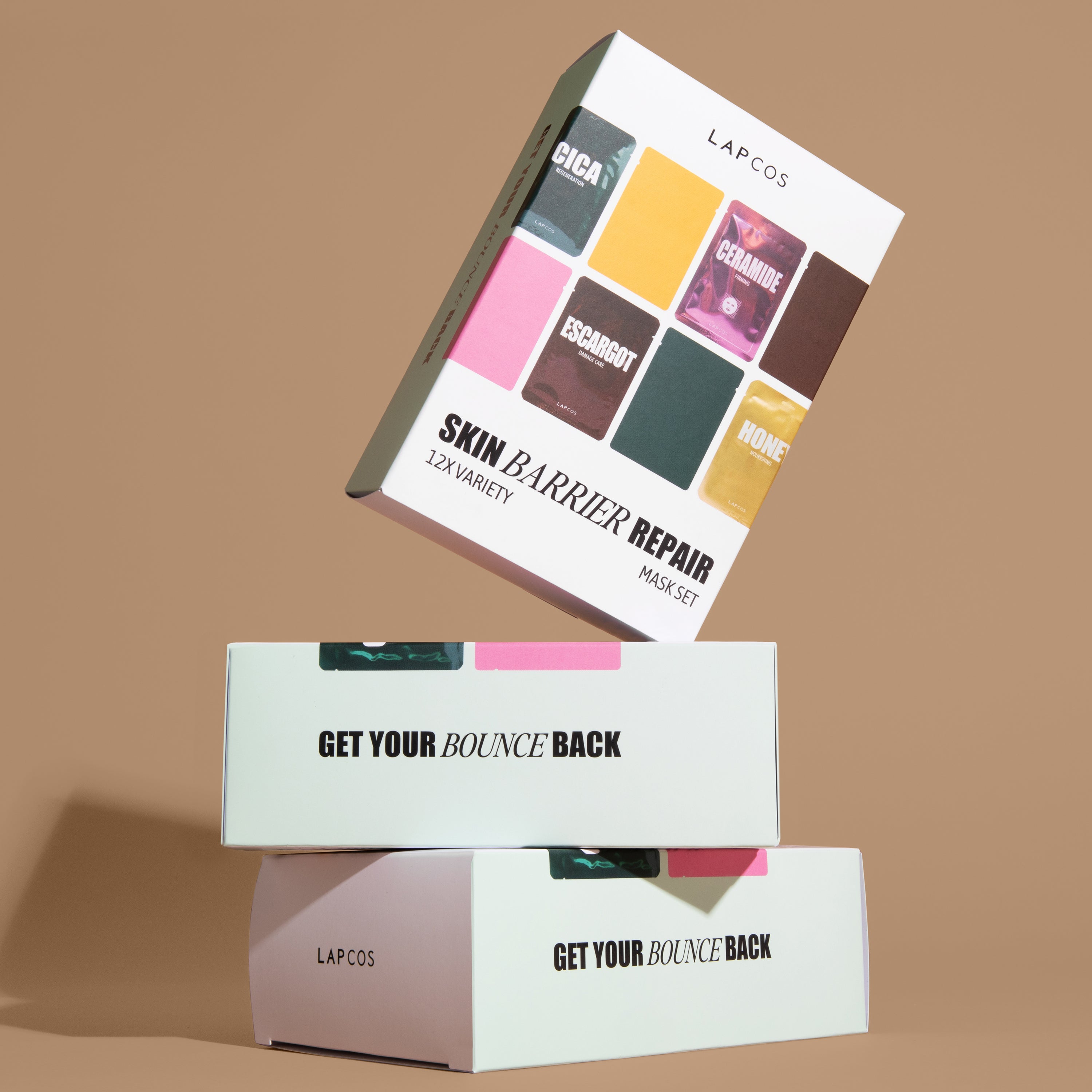 Lapcos skin barrier repair mask set packaging on a brown background