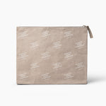 Beige makeup pouch with white text pattern on a white background