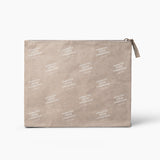 Beige makeup pouch with white text pattern on a white background