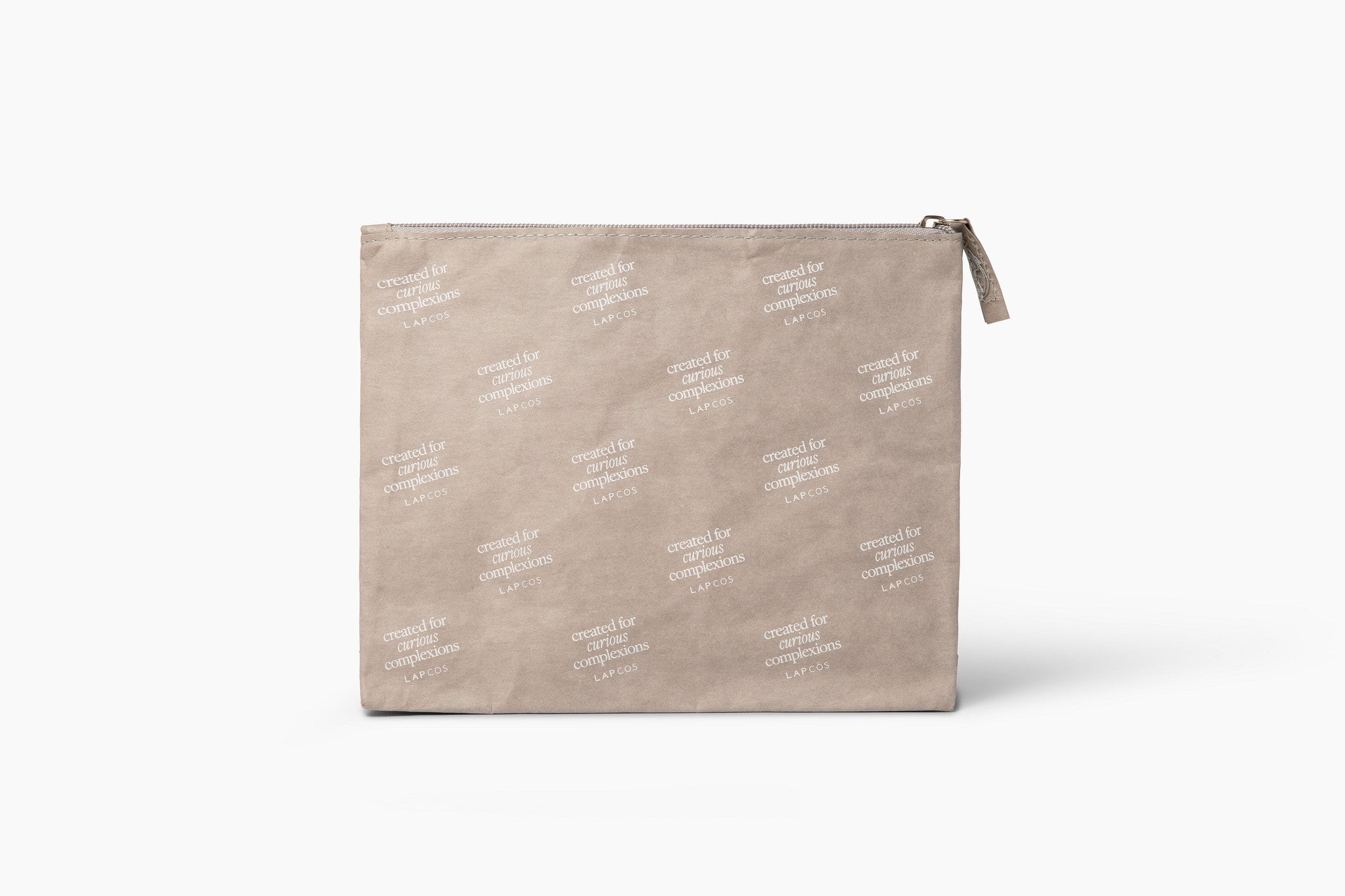 Beige makeup pouch with white text pattern on a white background