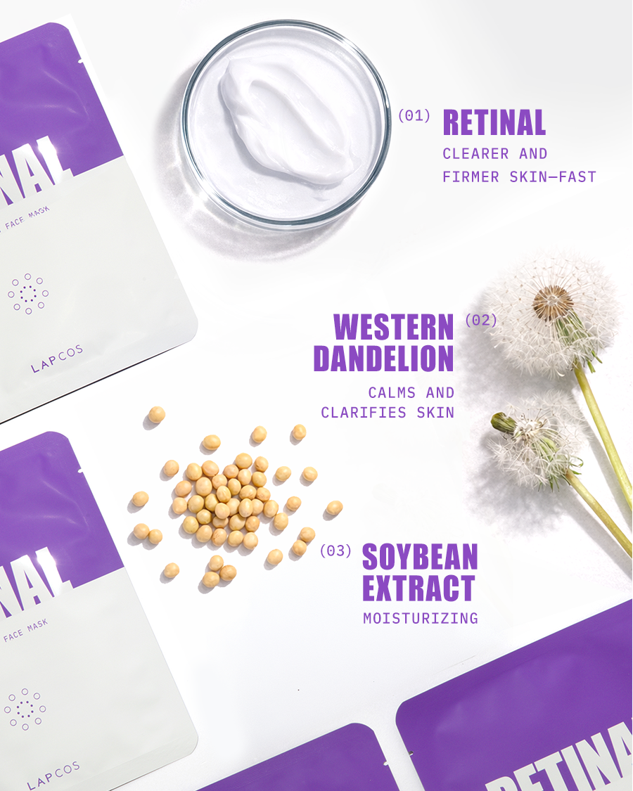 Retinal sheet mask with ingredients text: retinal, western dandelion, soybean extract