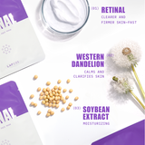 Retinal sheet mask with ingredients text: retinal, western dandelion, soybean extract