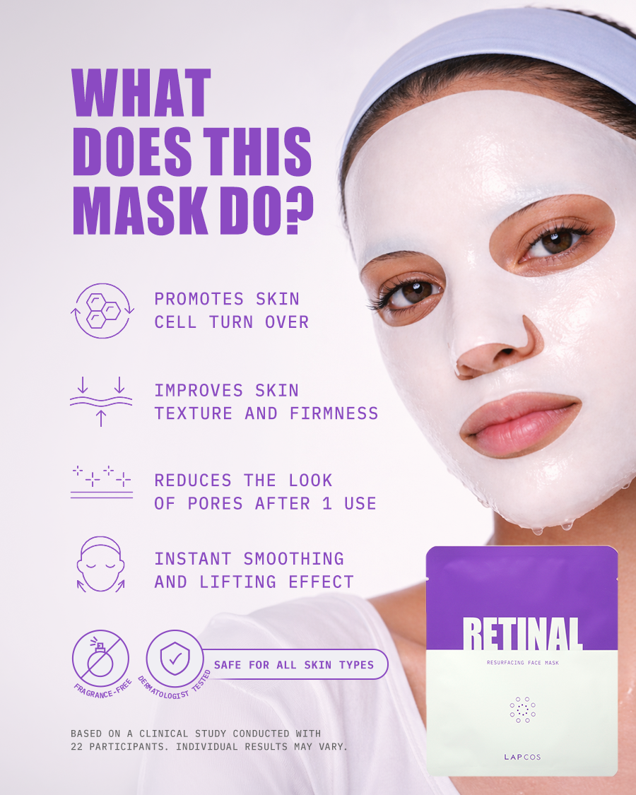 Woman wearing a retinal face mask with text "what does this mask do" and benefits list